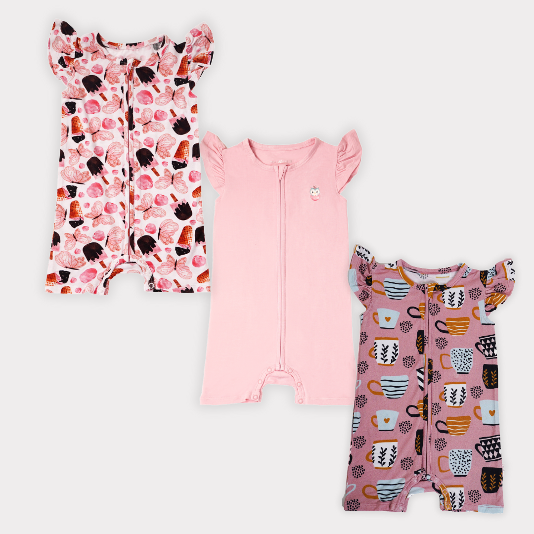 Butterchoc & Signature Pink & Cocolove Half Sleeves Zipper Rompers combo