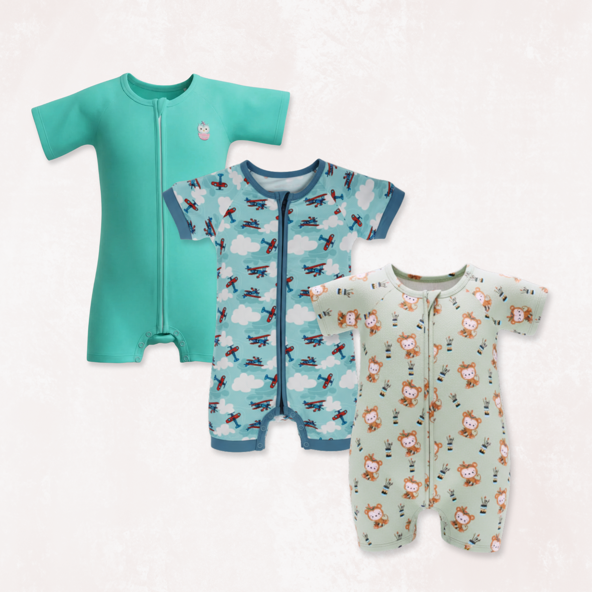 Signature Blue & Jet Set Go & Monkute Half Sleeves Zipper Rompers combo