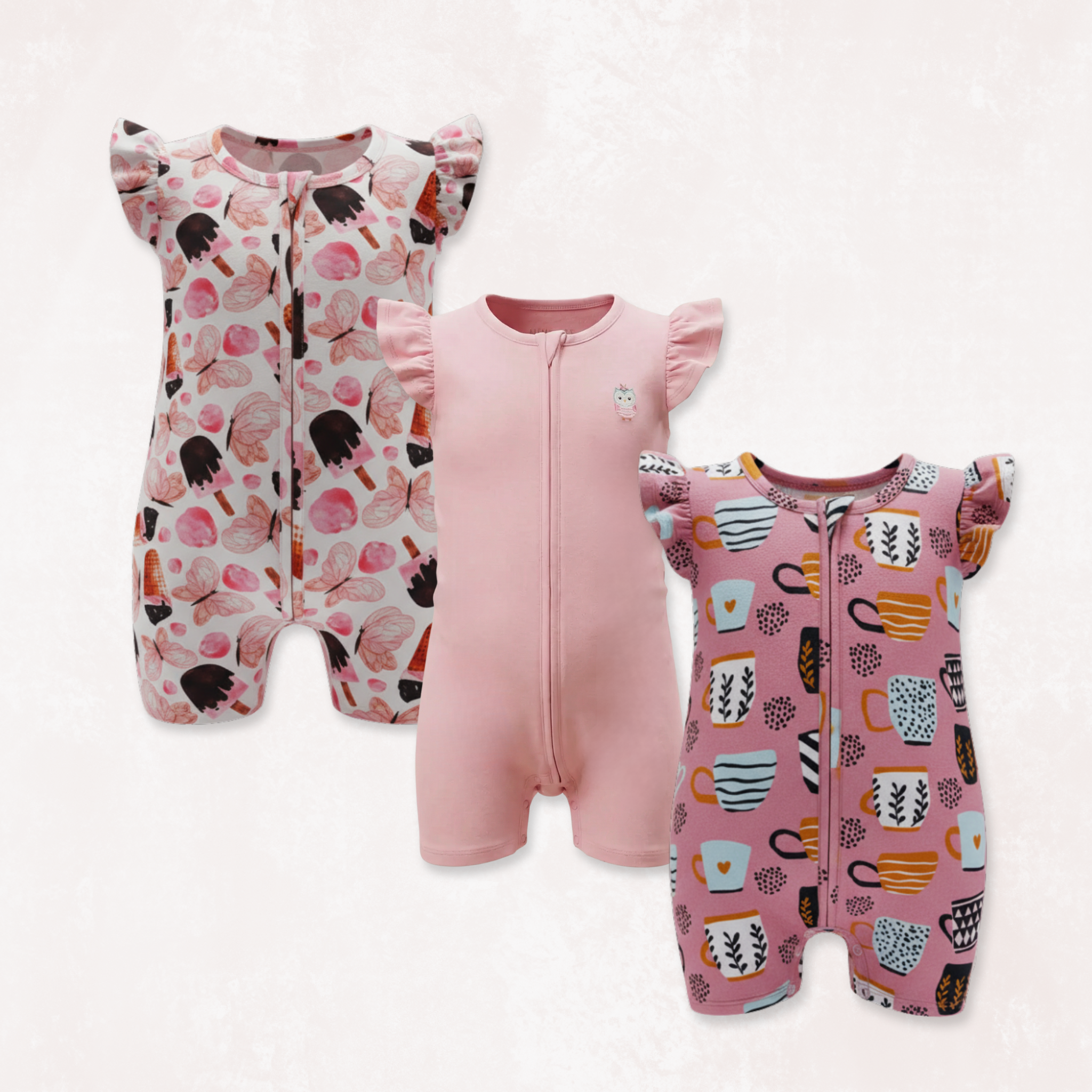Butterchoc & Signature Pink & Cocolove Half Sleeves Zipper Rompers combo