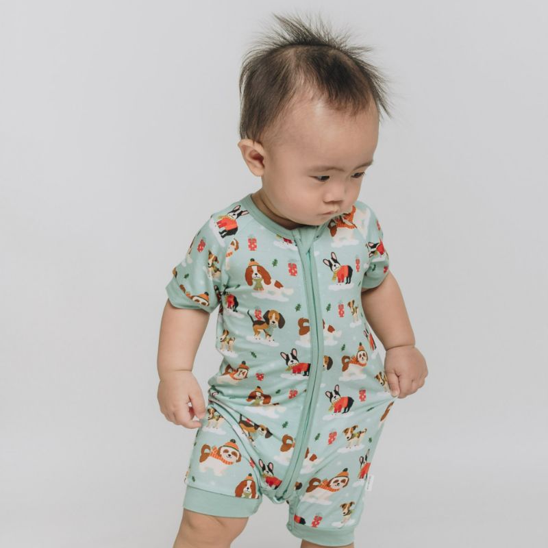 Puppy Love Blue Half Sleeves Zipper Romper