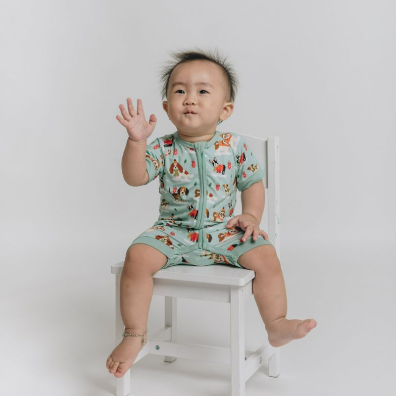 Puppy Love Blue Half Sleeves Zipper Romper