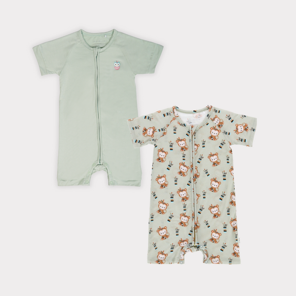 Mint Green & Monkute Half Sleeves Zipper Rompers combo