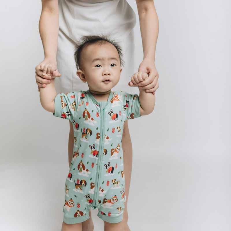 Puppy Love Blue Half Sleeves Zipper Romper